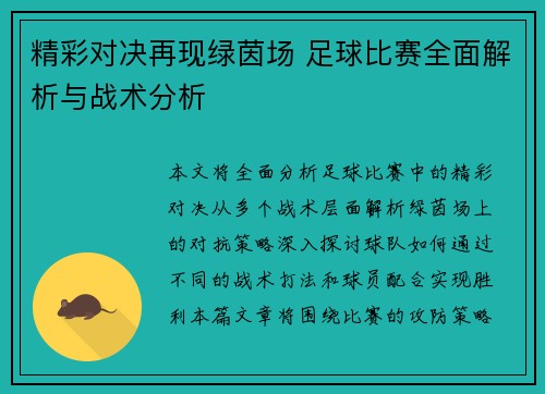 精彩对决再现绿茵场 足球比赛全面解析与战术分析