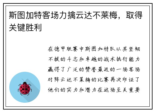斯图加特客场力擒云达不莱梅,取得关键胜利