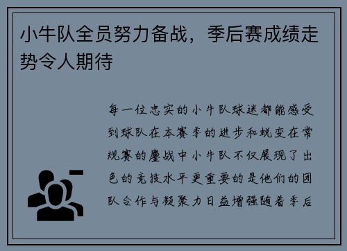 小牛队全员努力备战，季后赛成绩走势令人期待