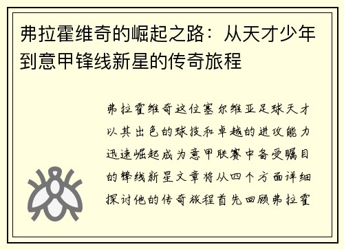 弗拉霍维奇的崛起之路:从天才少年到意甲锋线新星的传奇旅程