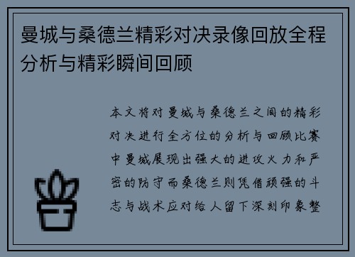 曼城与桑德兰精彩对决录像回放全程分析与精彩瞬间回顾