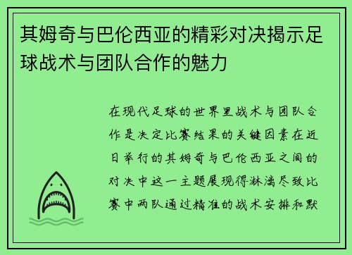 其姆奇与巴伦西亚的精彩对决揭示足球战术与团队合作的魅力