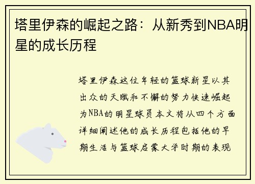 塔里伊森的崛起之路:从新秀到NBA明星的成长历程
