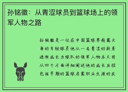 孙铭徽：从青涩球员到篮球场上的领军人物之路