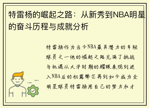 特雷杨的崛起之路：从新秀到NBA明星的奋斗历程与成就分析