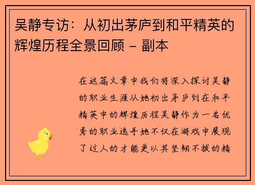 吴静专访：从初出茅庐到和平精英的辉煌历程全景回顾 - 副本
