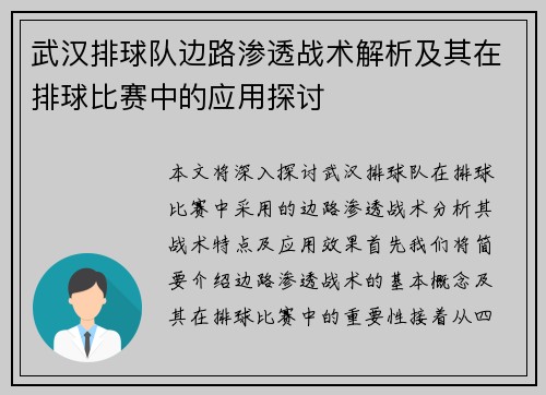 武汉排球队边路渗透战术解析及其在排球比赛中的应用探讨